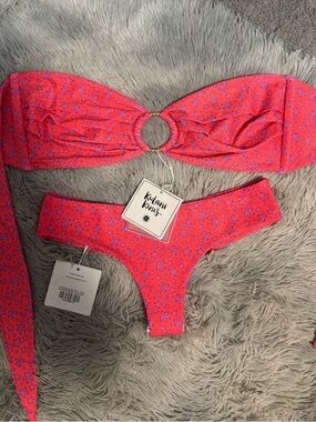 NWT Kulani Kinis Pink Floral Ring-Front Bandeau Bikini